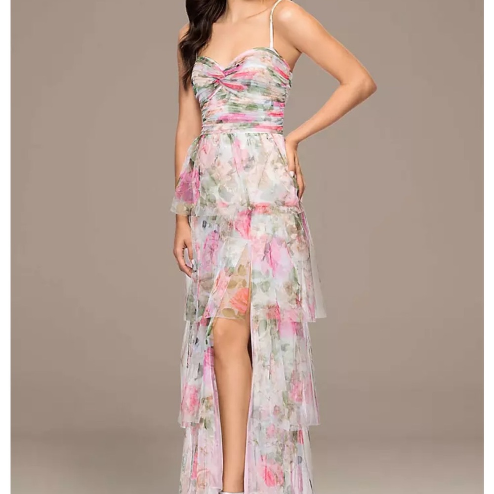 Blondie Nites Pink Floral Strapless Tiered Chiffon Gown